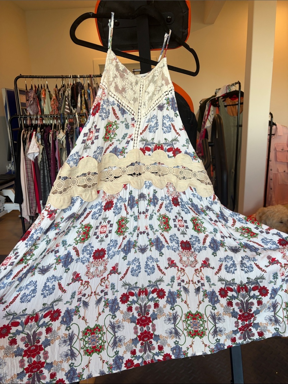 Umgee White Maxi Dress with Red & Blue Floral Print and Cream Lace Trim